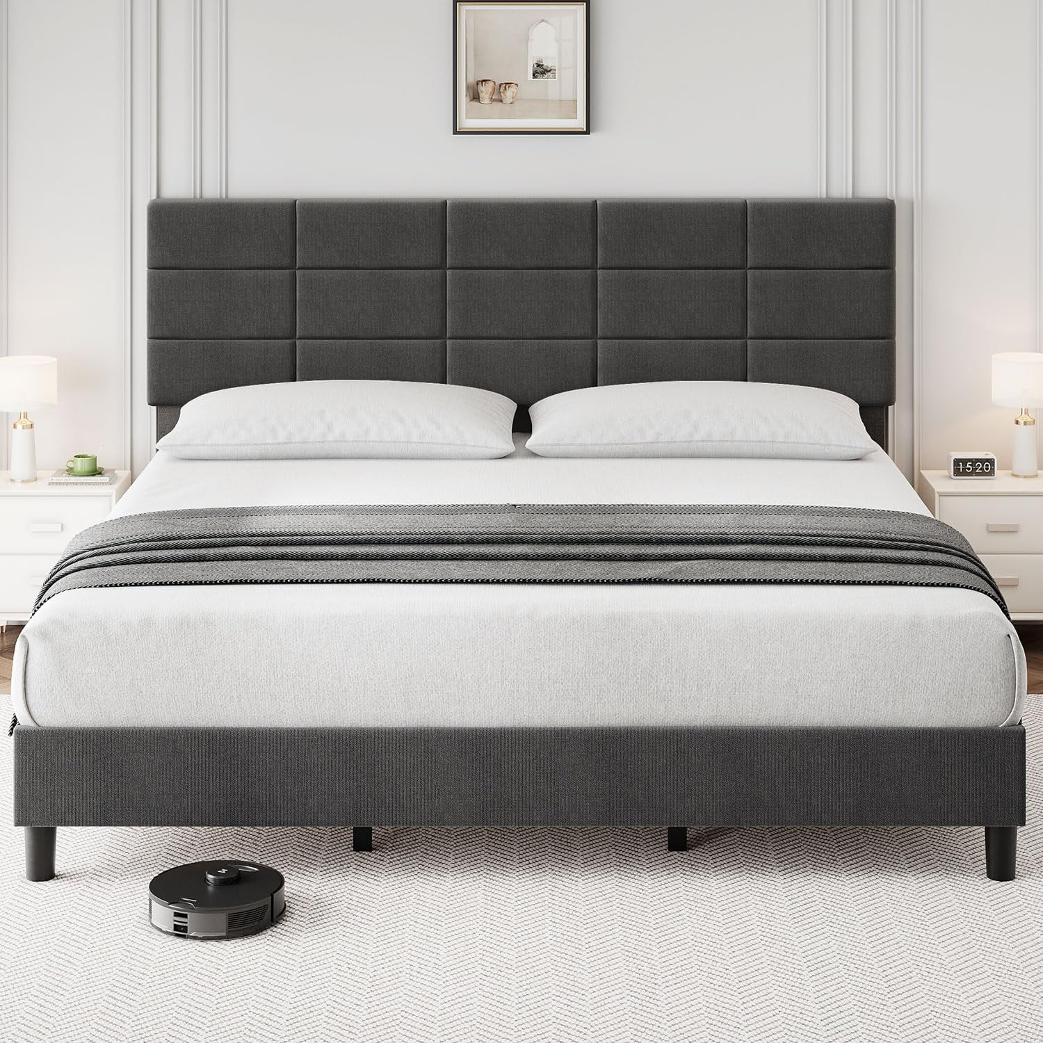 Bed Frame Upholstered Platform with Height Adjustable Headboard, Linen ...