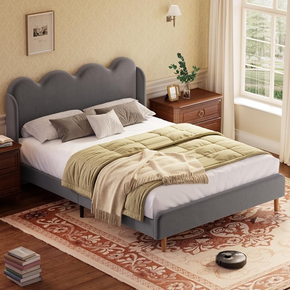 Bed Frame, Upholstered Wingback Platform with with Scalloped Edges, Modern Minimalist Design Bed Frame
