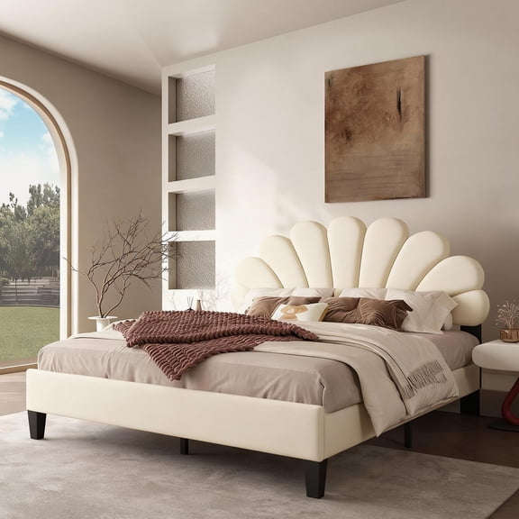 Bed Frame/Velvet Upholstered Platform Bed Frame with Flower Pattern Headboard/Strong Wood Slats Support/Mattress Foundation/No B