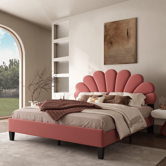 Bed Frame/Velvet Upholstered Platform Bed Frame with Flower Pattern Headboard/Strong Wood Slats Support/Mattress Foundation/No B