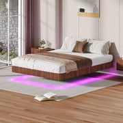 Bed Frame Walnut Queen Floating Bed Frame with LED Lights, Wave Curve Wood Texture Bed with Heavy Duty Metal Slats - No Box Spring Needed.