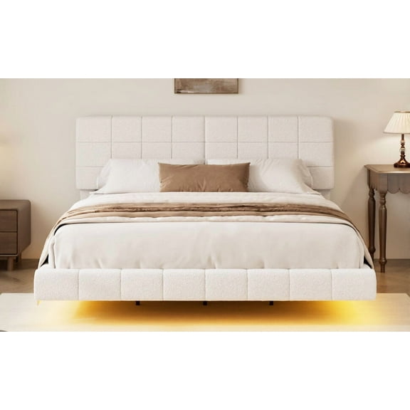 Bed Frame, White Boucle Floating Bed with Light,King, White Platform Bed Frame,Wood+Fabric Metal Bed Frame, Furniture, Bedroom Furniture, Beds, Frames & Bases White Boucle Floating Bed with Light,K
