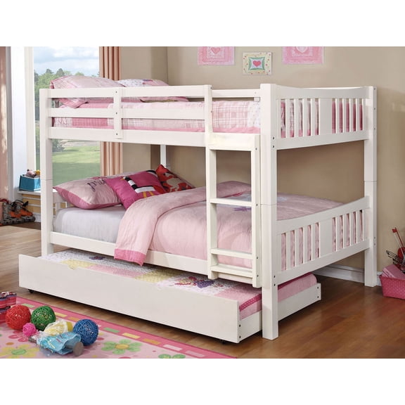 Bed Frame White Finish Full Over Full Bunk Bed Transitional Style Attached Ladder Upper Bed Rails Trundle-Included