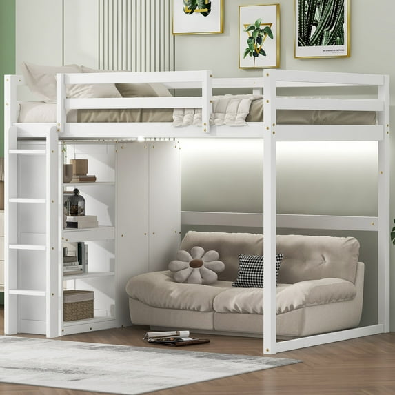 Bed Frame Wood Full Size Loft Bed with Built-in Wardrobe and Storage Shelves, Led light, White,Platform Bed Frame