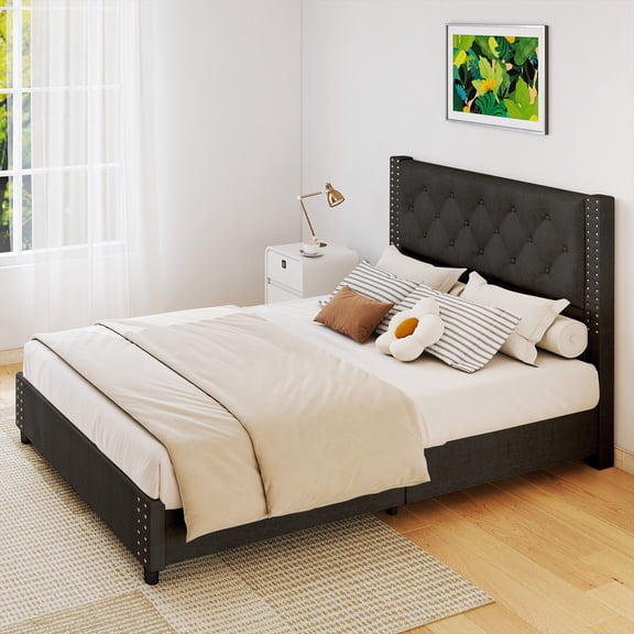 Bed Frame, Wood Slats Metal Bed Frame with Headboard 4 Storage Drawers Faux Leather Upholstered for Home Bedroom