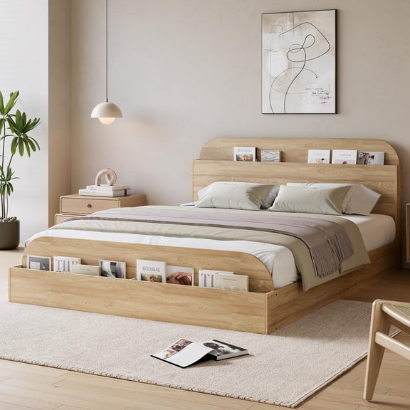 Bed Frame, Wooden Bed with Storage Headboard & Footboard, Floor-Low Platform Bed with Wooden Slats Design, No Box Spring Needed, Easy Assembly