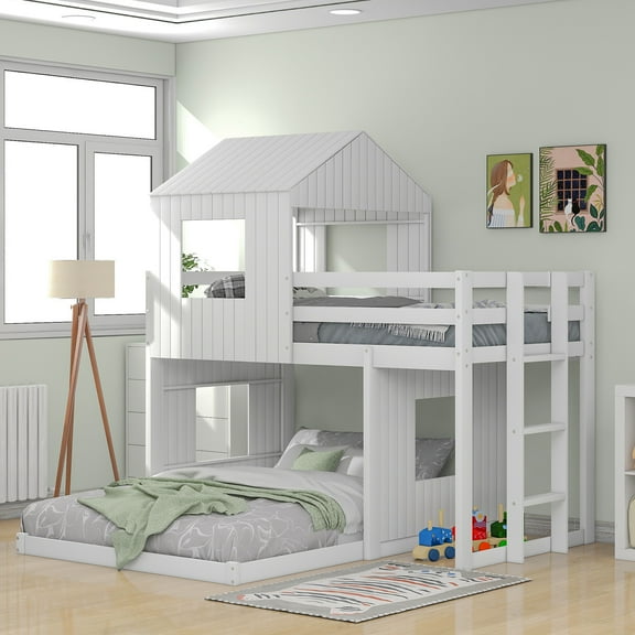 Bed Frame Wooden Twin Over Full Bunk Bed, Loft Bed with Playhouse, Farmhouse, Ladder and Guardrails, White