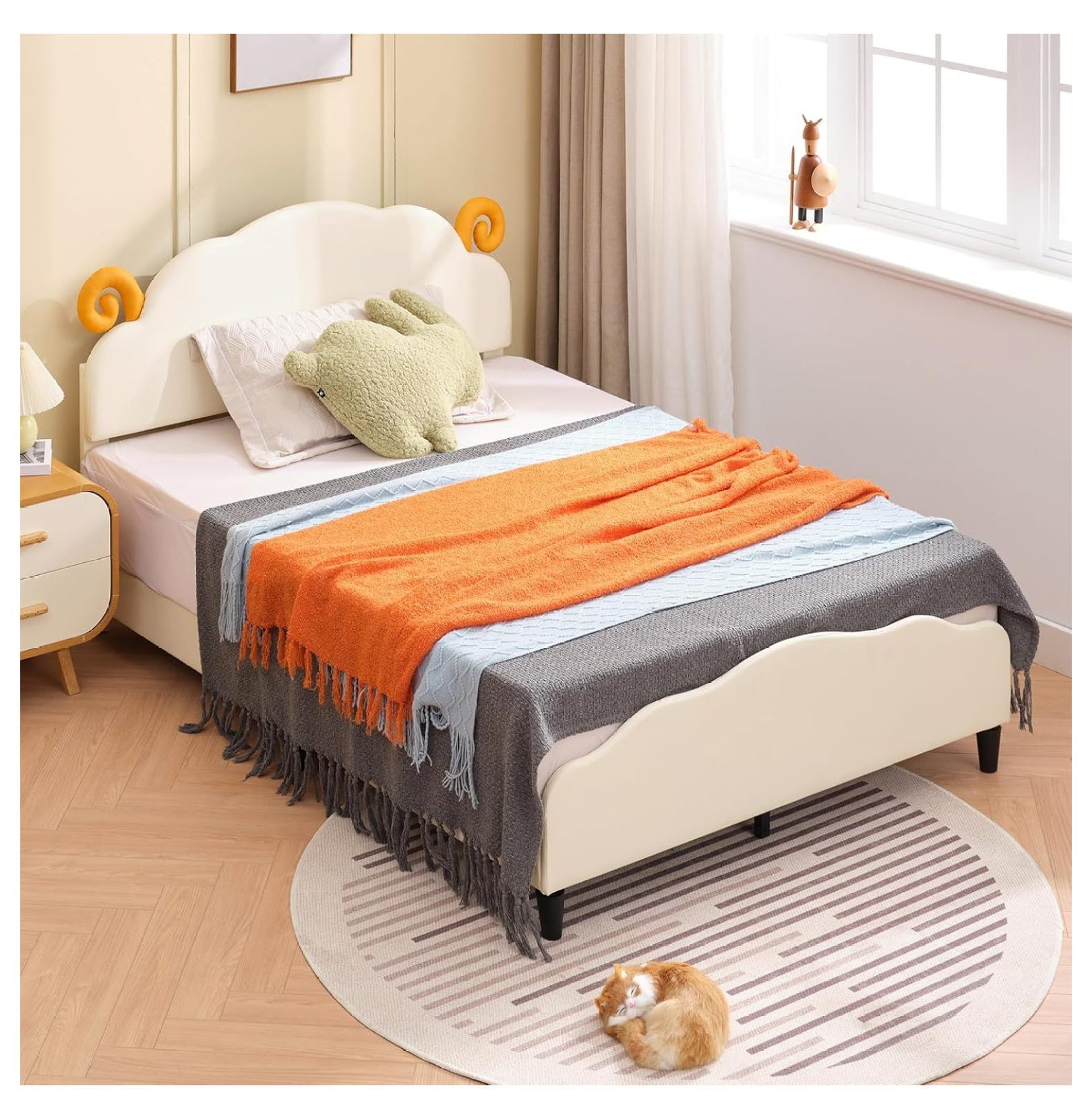 Bed Frame for Kid, Kid Bed with Sheep Shape Upholstered Headboard