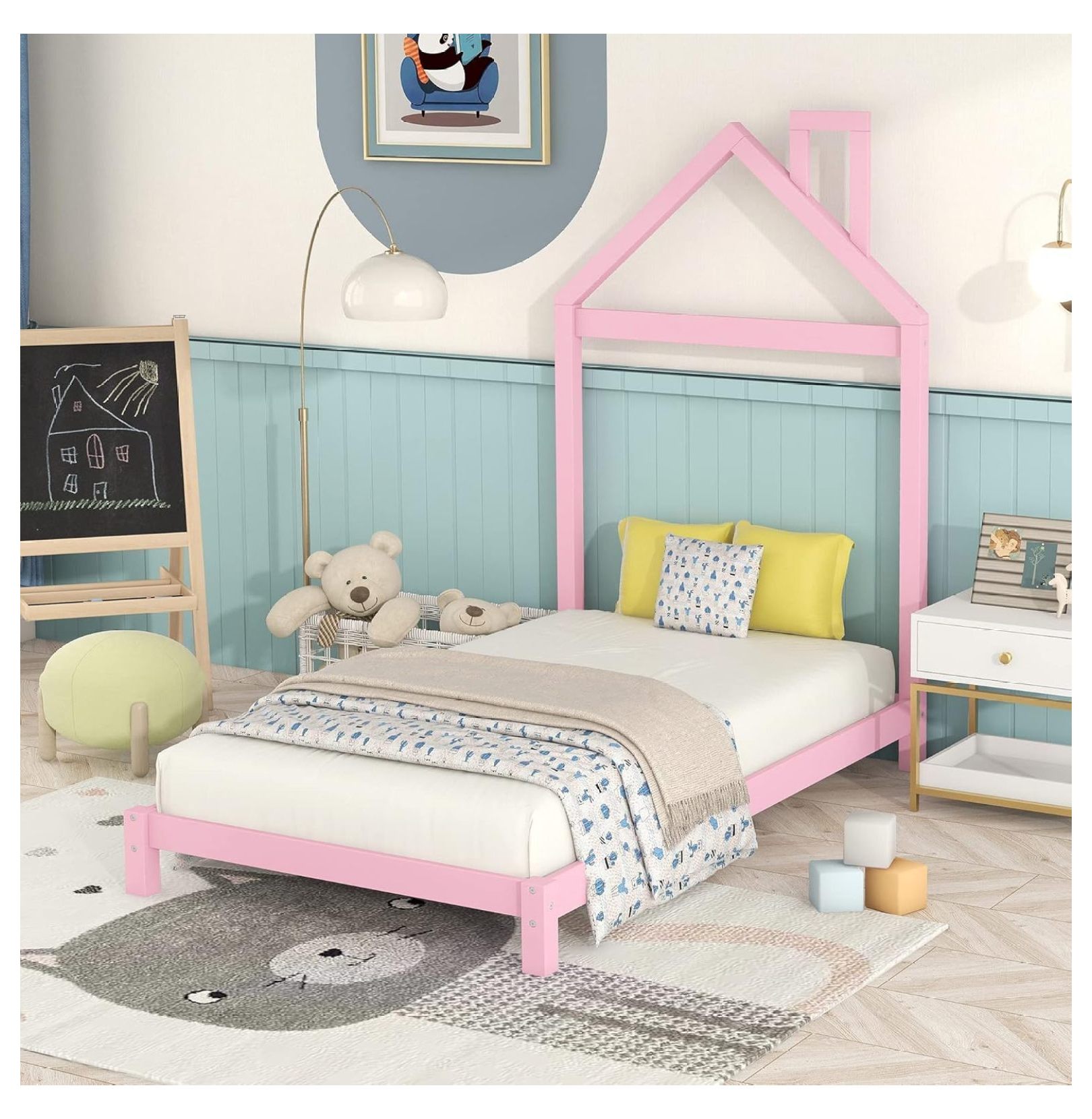 Bed Frame for Kids, Wood Platform Bed with House Shape Headboard, Low
