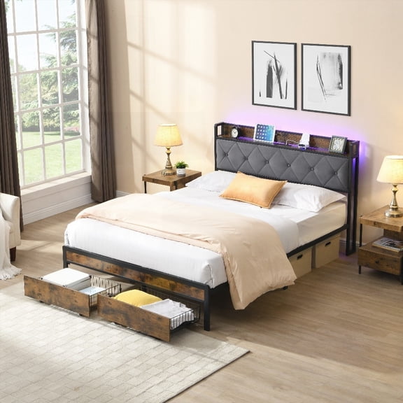 Full Size Metal Storage Bed Frame with LED Lights, 2 Drawers, USB & Charging Station, No Box Spring Needed, Grey for Bedroom