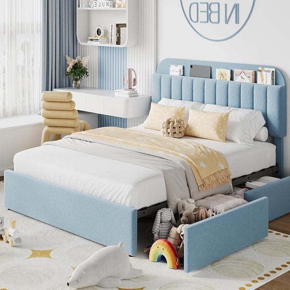 Bed Frame with 2 Flexible Drawers and Bookcase Headboard, Upholstered Platform Bed for Boys/Girls, Noise-Free, Easy Assembly, No Box Spring Needed