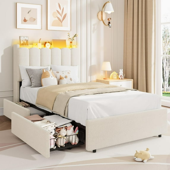 Bed Frame with 2 Storage Drawers, Upholstered Bed Frame Queen Size with LED Lights Headboard, No Box Spring Needed, Easy Assembly