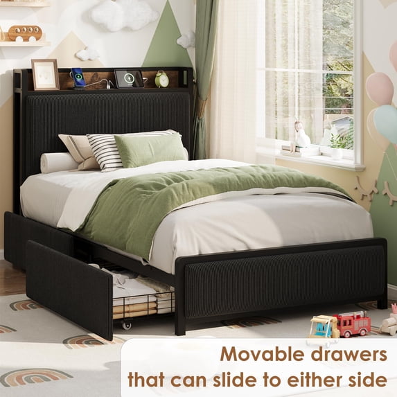 Bed Frame with 2 Storage Drawers and Charging Station, Upholstered Platform Bed Frame with Storage Headboard