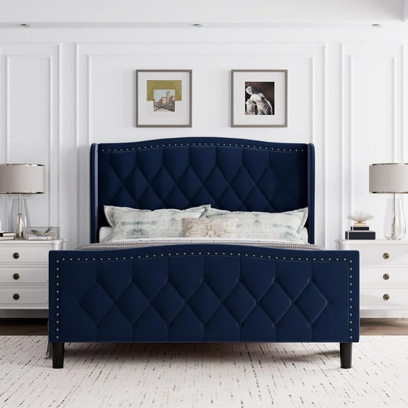 Bed Frame with 4 Storage Drawers & Charging Station, Upholstered Platform Bed with Wingback Storage Headboard, No Box Spring Needed