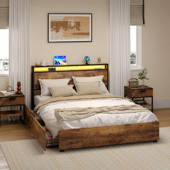 Bed Frame with 4 Storage Drawers & Headboard Metal Platform Bed with LED Lights USB Ports & Outlets Non-Slip Strong No Box Spring Needed