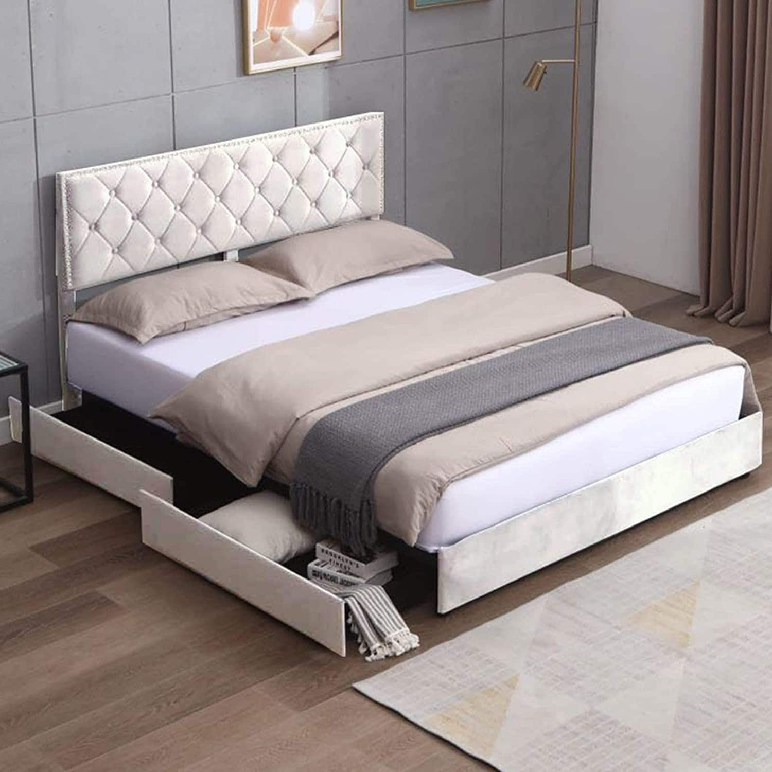 Bed Frame with 4 Storage Drawers, Velvet Upholstered Platform Bed Frame