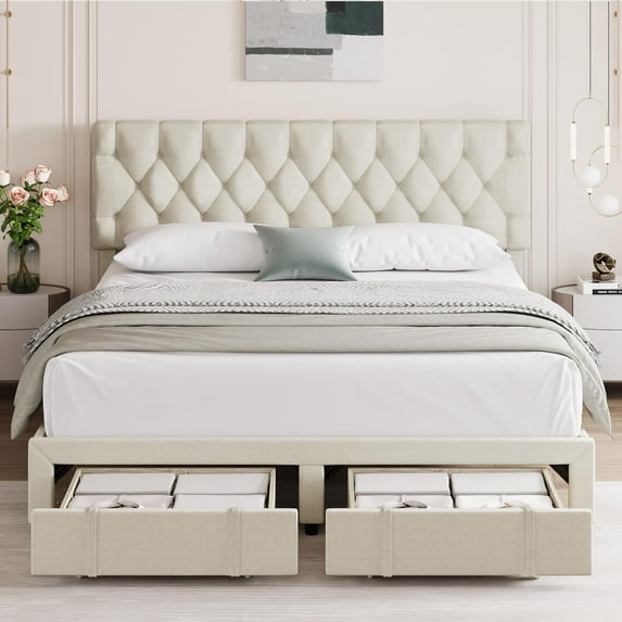 Bed Frame with Adjustable Button Tufted Headboard ,Upholstered Platform Bed Frame with 2 Storage Drawers,No Box Spring Needed
