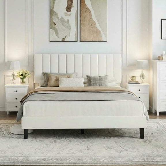 Bed Frame with Adjustable Height Vertical Channel Tufted Headboard, Upholstered Platform Bed Frame with Sturdy Wooden Slats Support, Noise Free
