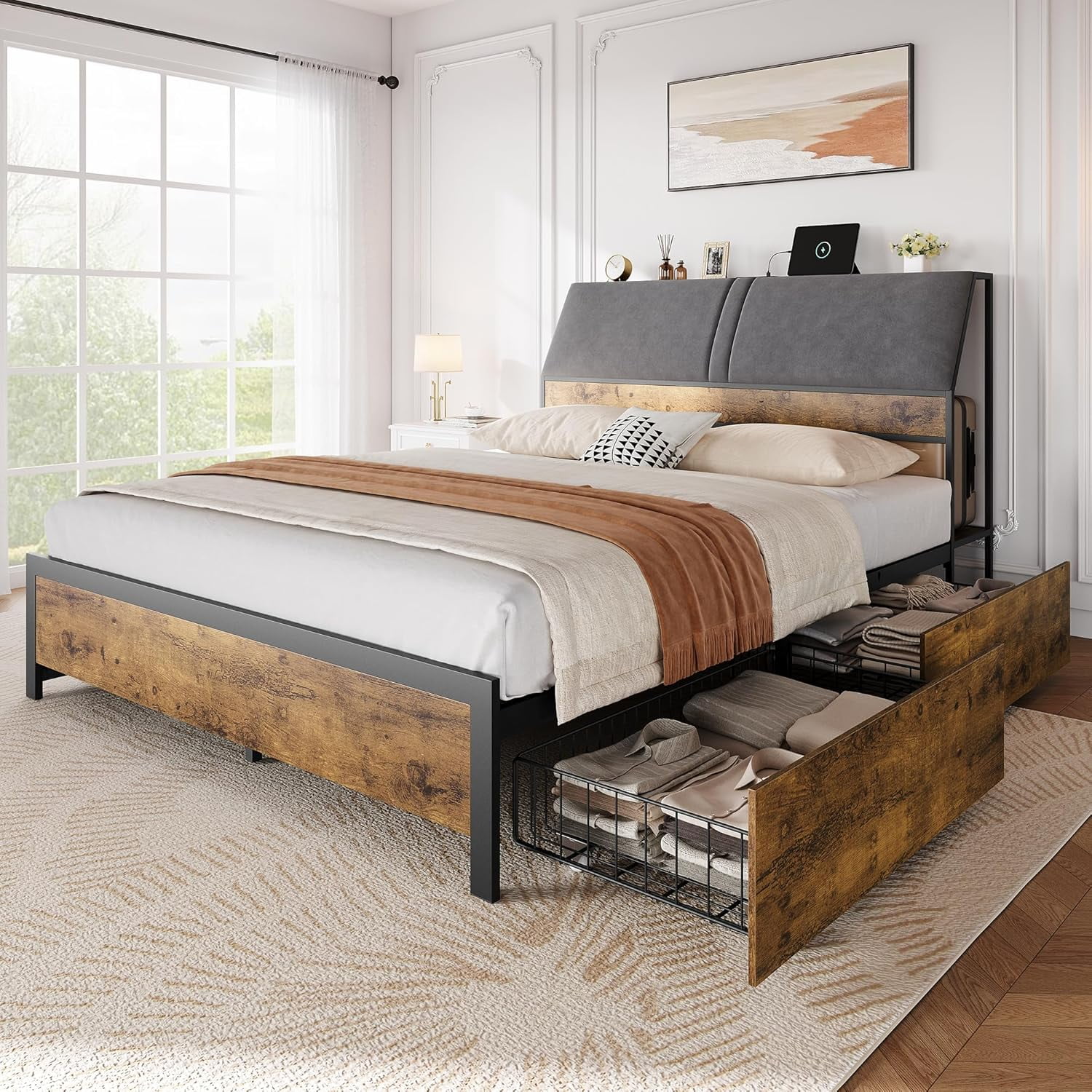 Bed Frame with Charging Station and 4 Storage Drawers Metal Platform ...