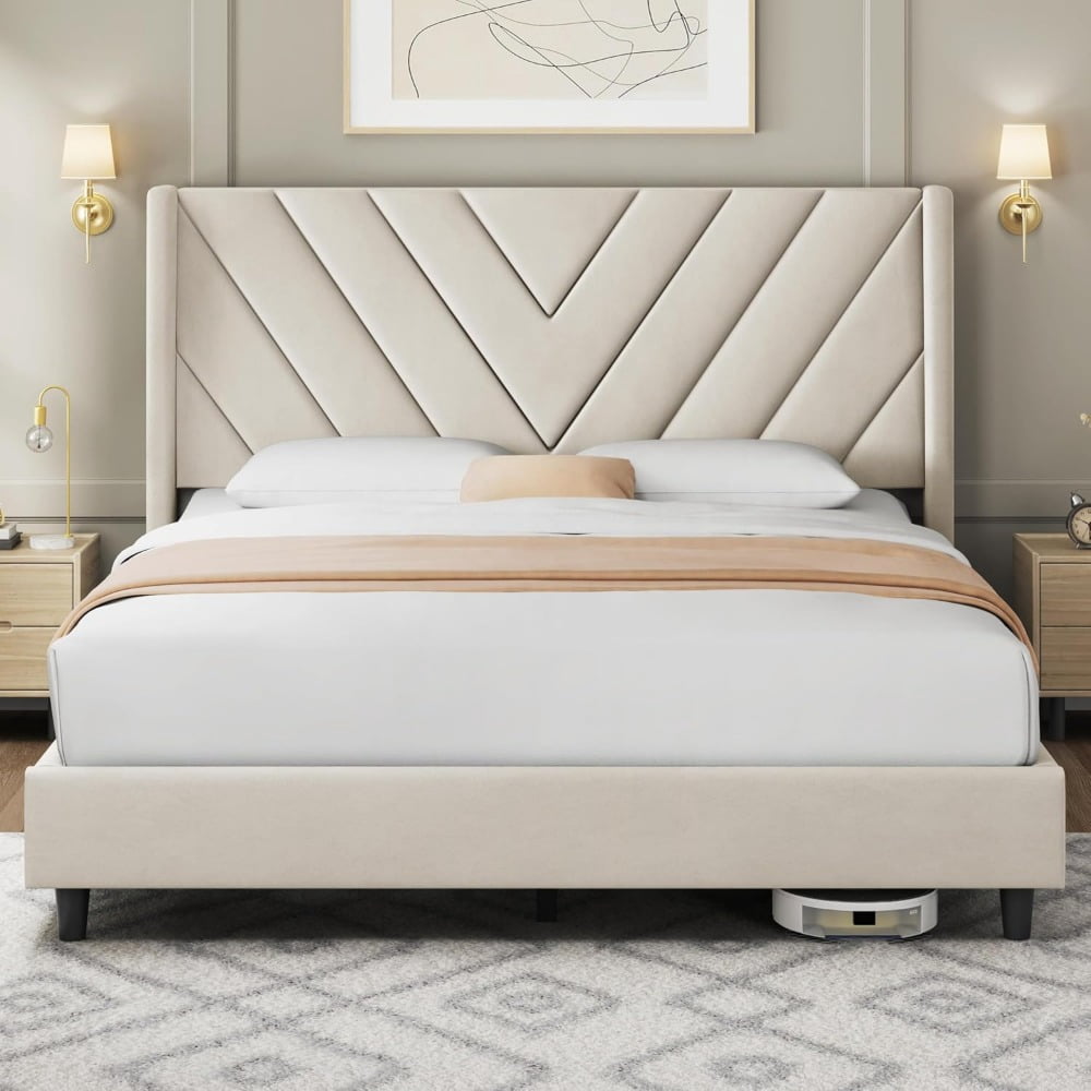 Bed Frame with Chevron Channel-Tufted Headboard for Bedroom, Fabric ...
