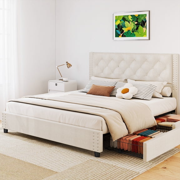 Bed Frame with Headboard, 4 Storage Drawers No Box Spring Needed Easy Assembly Sturdy Structure for Home Bedroom