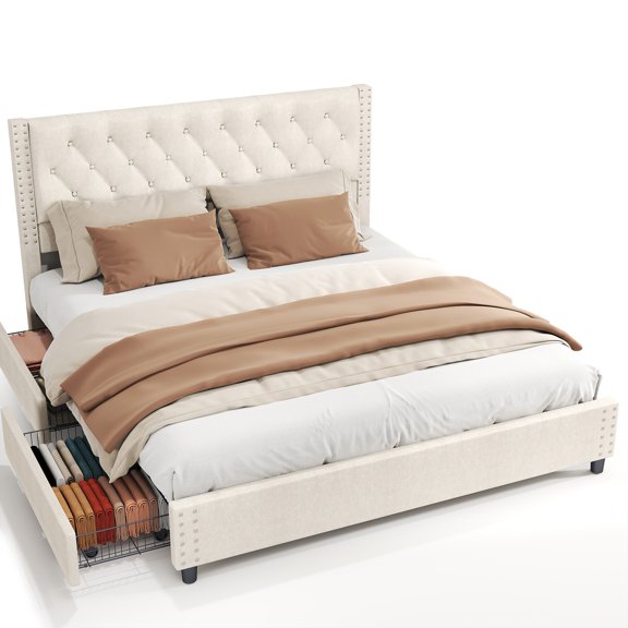Bed Frame with Headboard, 4 Storage Drawers No Box Spring Needed Easy Assembly Sturdy Structure for Home Bedroom