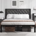 thumbnail image 1 of Bed Frame with Linen Upholstered Headboard, Metal Support, Queen Size, Black, 1 of 6