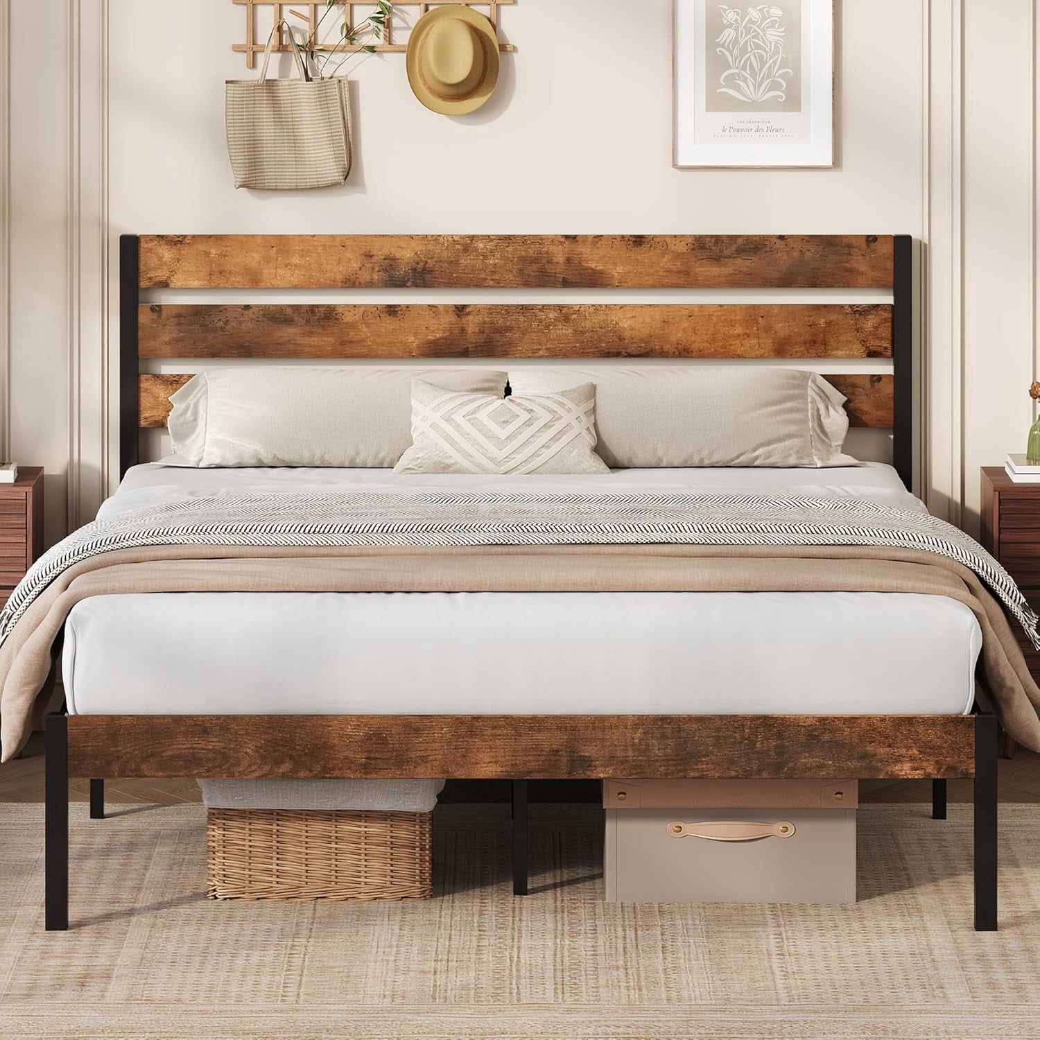 Bed Frame with Headboard, Metal Platform Bed Frame with Under Bed ...