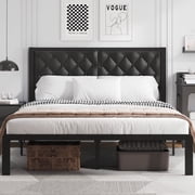 Bed Frame with Headboard PU Leather Upholstered, All Metal Slats Support Platform, Queen, Black