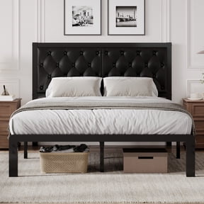 Lifezone Bed Frame with Upholstered Headboard, Queen, Metal Support, No Box Spring Needed, Modern Black