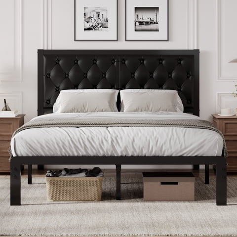 Lifezone Bed Frame with Upholstered Headboard, Queen, Metal Support, No Box Spring Needed, Modern Black
