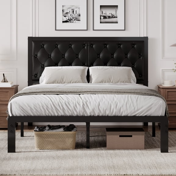 Lifezone Bed Frame with Upholstered Headboard, Queen, Metal Support, No Box Spring Needed, Modern Black