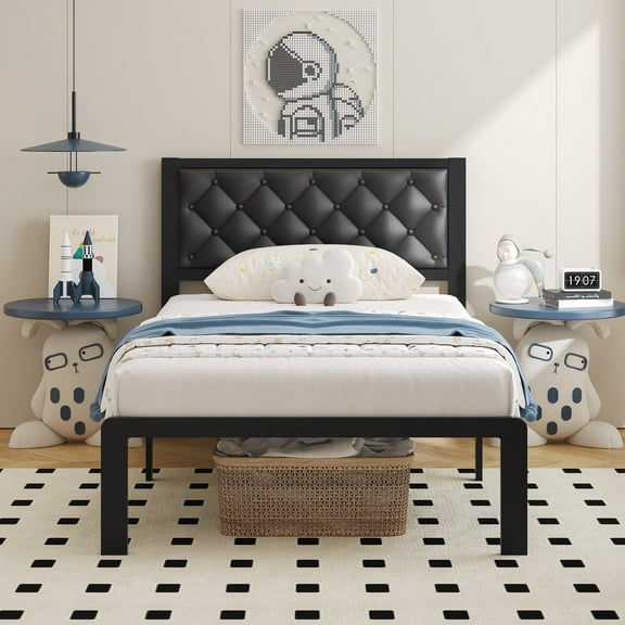 Bed Frame with Headboard PU Leather Upholstered and All Metal Slats Support Platform, Twin