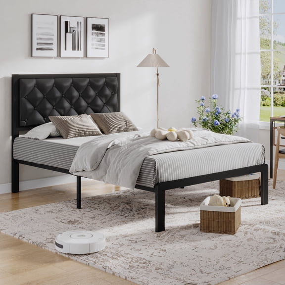 Lifezone Bed Frame with Headboard PU Leather Upholstered and All Metal Slats Support Platform, Twin