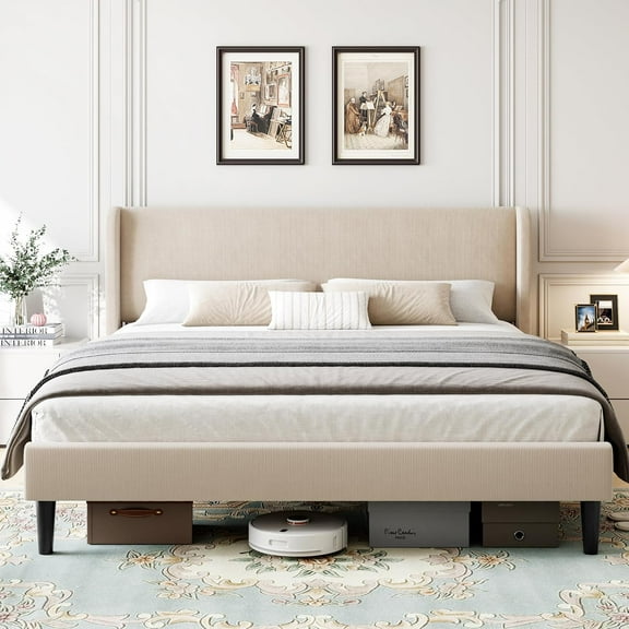 Bed Frame with Headboard Upholstered Frame with Wood Slats Sturdy Support Feet No Box Spring Needed