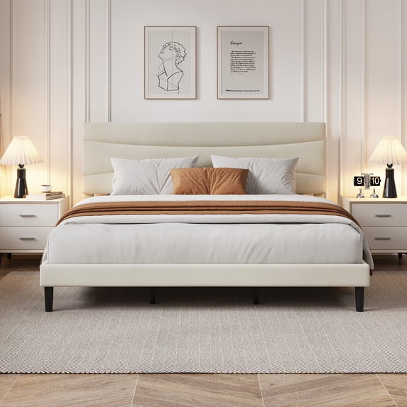 Bed Frame with Headboard,Upholstered Platform Bed with Wood Slats Support, No Box Spring Needed, Easy Assembly, Noise Free, Beige Velvet