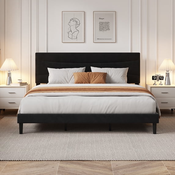 Bed Frame with Headboard,Upholstered Platform Bed with Wood Slats Support, No Box Spring Needed, Easy Assembly, Noise Free, Beige Velvet