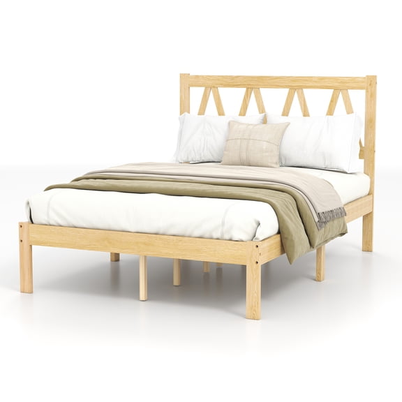 Bed Frame with Headboard, Wood Heavy Duty Bed Frame with Sturdy Rubber Wood Slat Support for Mattress Foundation Home Bedroom