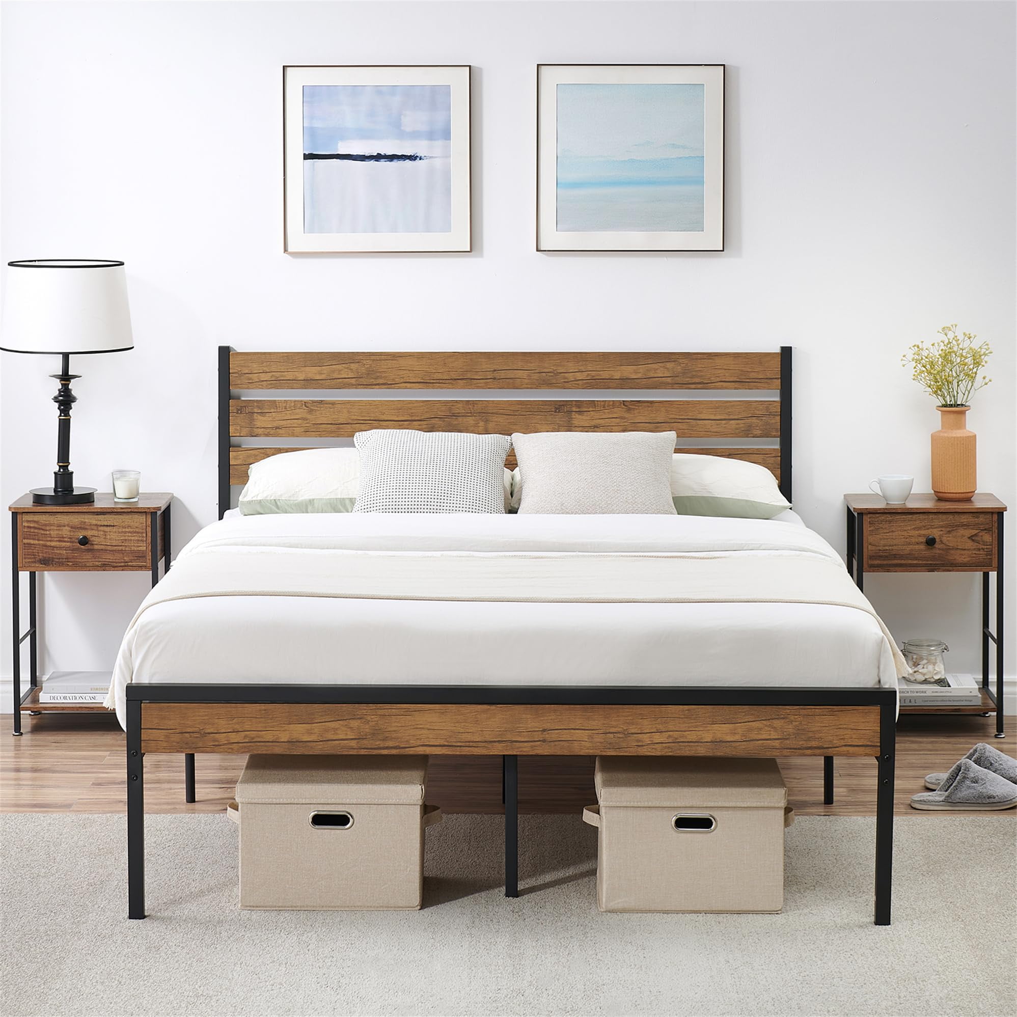 Bed Frame with Headboard Wood Platform Bed Frame with Under Bed Storge ...