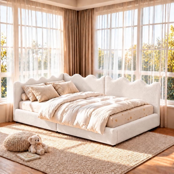 Bed Frame with Headboard and Soft Rails, Boucle Upholstered Bed Frame with Adjustable Rounded Wave Rails, Low-Profile Design for Bedroom, Playroom