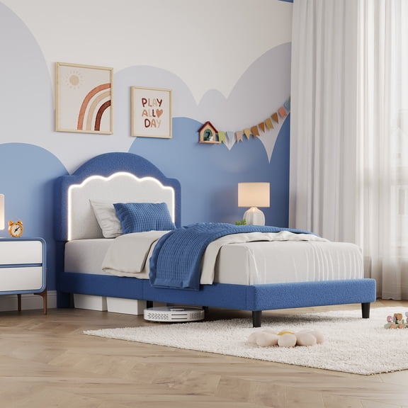 Bed Frame with LED Headboard, Plush Sherpa Fabric Upholstery, Slat Support (No Box Spring Needed)