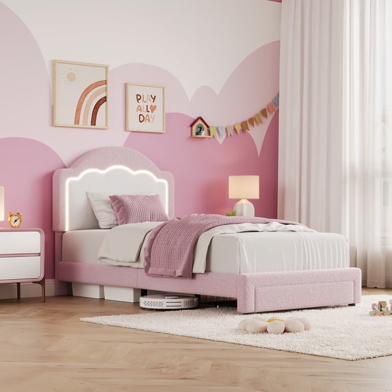 Bed Frame with LED Headboard, Plush Sherpa Fabric Upholstery, Slat Support (No Box Spring Needed)