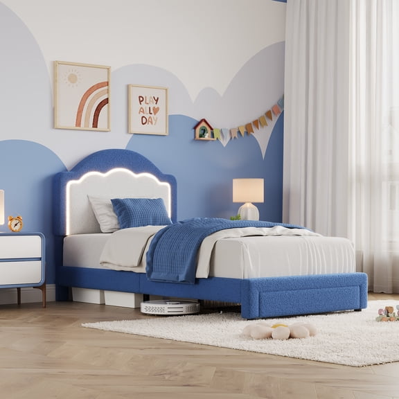 Bed Frame with LED Headboard, Plush Sherpa Fabric Upholstery, Slat Support (No Box Spring Needed)