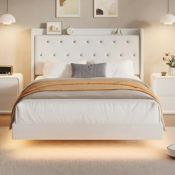 Bed Frame with LED Lights, Modern Wood Floating Bed Frame with Storage, Velvet Upholstered Headboard with Wingback