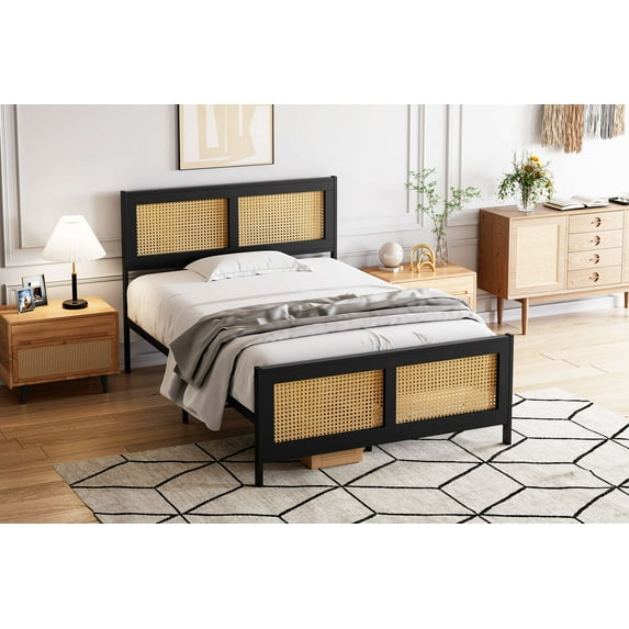 Bed Frame with Rattan Headboard and Footboard, Black Rattan Platform Bed Frame, Mattress Foundation, Noise-Free, No Box Spring Needed, Easy Assembly