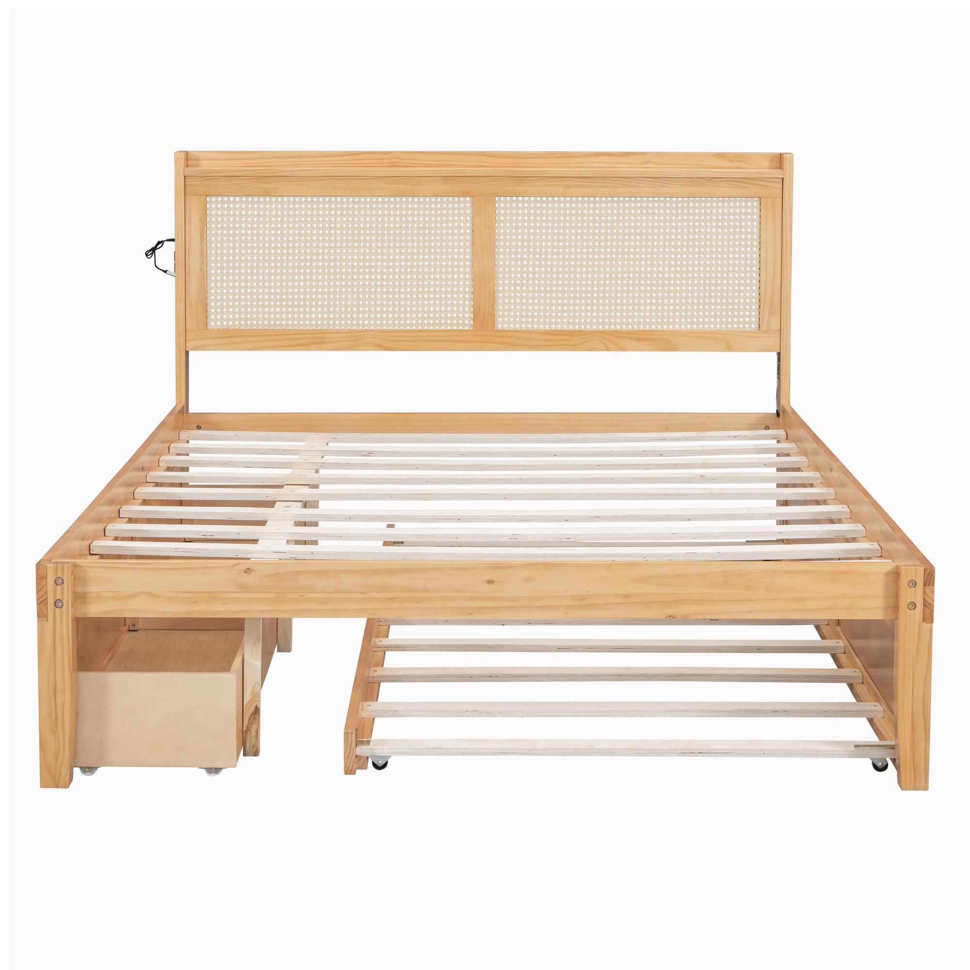 Bed Frame with Rattan Headboard and Sockets Queen - Walnut - Walmart.com