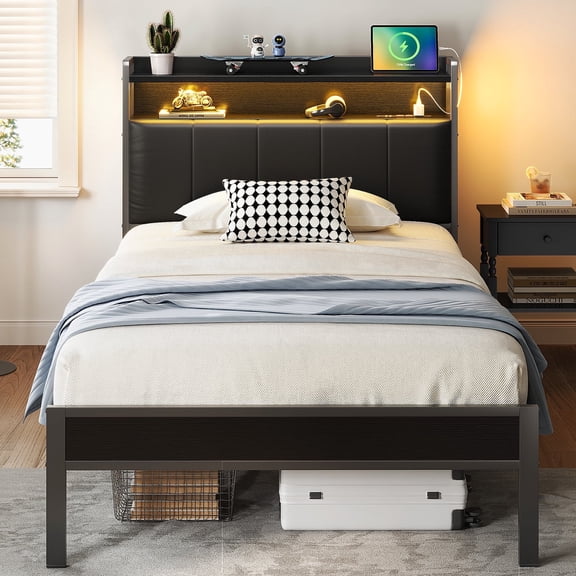 Casacomoda Bed Frame Twin Size with Storage Headboard, Upholstered Platform Bed with Charging Station and LED Light, Heavy Duty Frame Support, No Box Spring Needed, Noise Free, Black