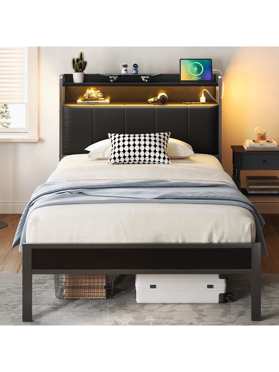 Bed Frame Twin Size with Storage Headboard, Upholstered Platform Bed with Charging Station and LED Light, Heavy Duty Frame Support, No Box Spring Needed, Noise Free, Black
