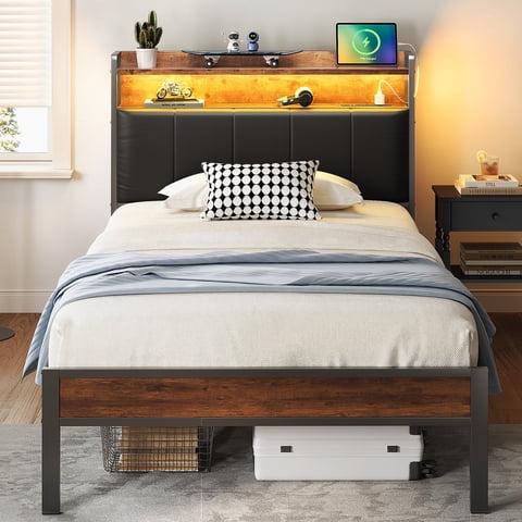 Casacomoda Bed Frame Twin Size with Storage Headboard, Upholstered Platform Bed with Charging Station and LED Light, Heavy Duty Frame Support, No Box Spring Needed, Noise Free, Vintage