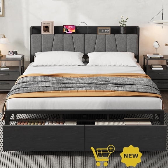 Bed Frame with Storage Drawers, USB & AC Charging Station, Tall Upholstered Headboard, Heavy Duty Steel Slats, No Box Spring Needed